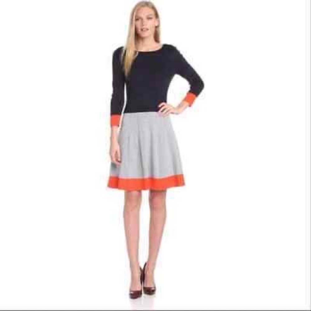 Eliza J Navy Blue Gray Orange Knit Pleated Knit Sweater Dress Size Small